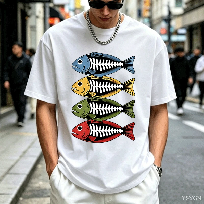 Street Fashion For Short Guys - Herren-Baumwoll-T-Shirt, Retro-Farbton, Grafik mit Fischskelett, Rundhalsausschnitt,